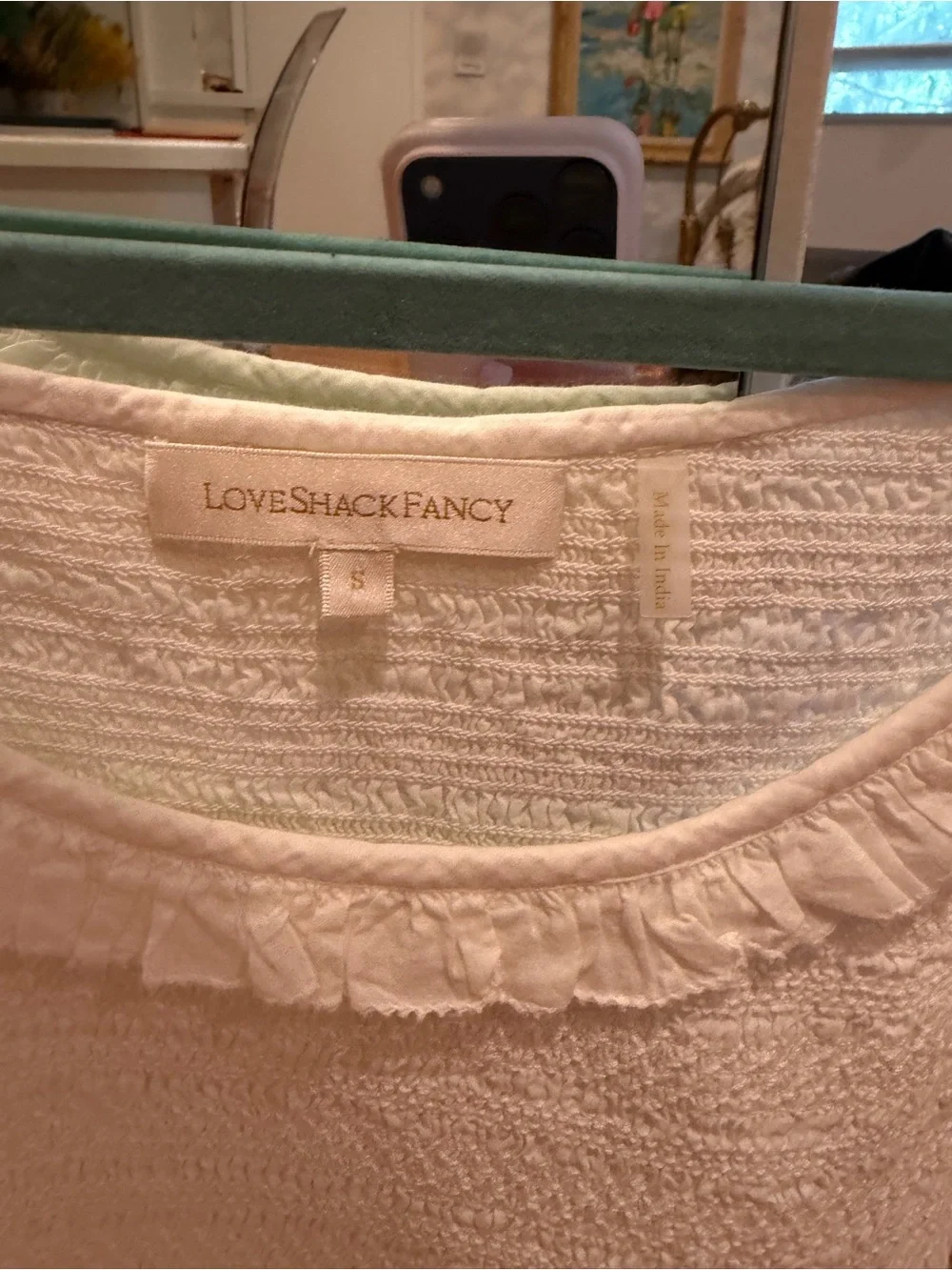 LoveShackFancy White Smocked Lace-Trim Puff Sleeve Crop Top